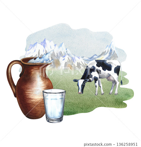 Cow's milk. A clay jug and a glass of milk in a pasture with a cow. A hand-drawn watercolor illustration. Perfect for advertising dairy products, banners, posters, packaging design, labels, and more. 136258951