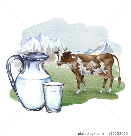 Cow's milk. Glass jug and glass of milk in a pasture with a cow. Hand-drawn watercolor illustration. Perfect for advertising dairy products, banners, posters, packaging design, labels, and more. Cow's milk. Glass jug and glass of milk in a pasture with a cow. Hand-drawn watercolor illustration. Perfect for advertising dairy products, banners, posters, packaging design, labels, and more. 136258953