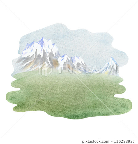 Mountain landscape. Hand-drawn watercolor illustration. Perfect for backgrounds, banners, posters, packaging design, labels, and more. 136258955