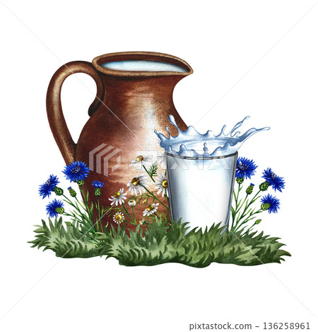 A clay jug and a glass of milk on a lawn with wildflowers. Hand-drawn watercolor illustration. Colorful image of a healthy product. Perfect for packaging, labels, postcards, banners, posters and more. A clay jug and a glass of milk on a lawn with wildflowers. Hand-drawn watercolor illustration. Colorful image of a healthy product. Perfect for packaging, labels, postcards, banners, posters and more. 136258961