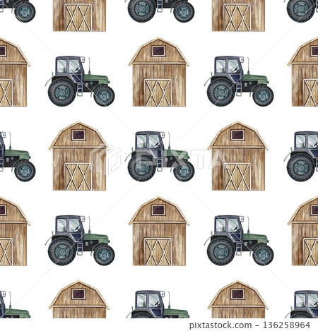 Seamless pattern with agricultural tractors and barns. Hand-drawn watercolor illustration. Perfect for backgrounds, textiles, wrapping paper, and more. 136258964