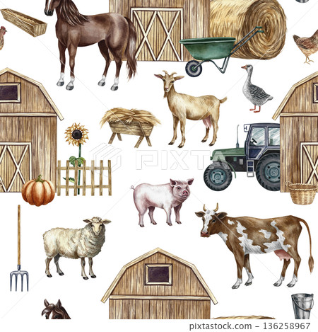Seamless pattern with an agricultural yard, equipment, and farm animals. Hand-drawn watercolor illustration. Perfect for backgrounds, textiles, wrapping paper, and more. 136258967