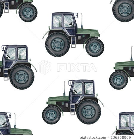 Seamless pattern with agricultural tractors. Hand-drawn watercolor illustration. Perfect for backgrounds, textiles, wrapping paper, and more. Seamless pattern with agricultural tractors. Hand-drawn watercolor illustration. Perfect for backgrounds, textiles, wrapping paper, and more. 136258969