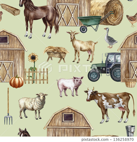 Seamless pattern with an agricultural yard, equipment, and farm animals. Hand-drawn watercolor illustration. On a gray background. Perfect for backgrounds, textiles, wrapping paper, and more. 136258970