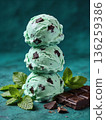 Three green ice cream balls stacked on top of each other with a piece of chocola 136259386
