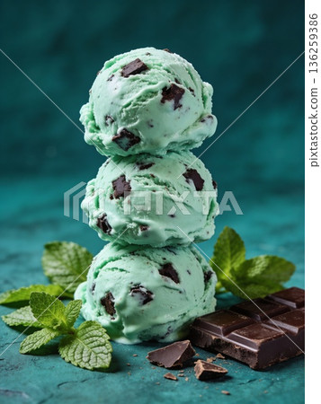 Three green ice cream balls stacked on top of each other with a piece of chocola Three green ice cream balls stacked on top of each other with a piece of chocola 136259386