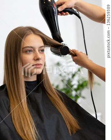 A woman with long brown hair is getting her hair blow dried by a stylist A woman with long brown hair is getting her hair blow dried by a stylist 136259389