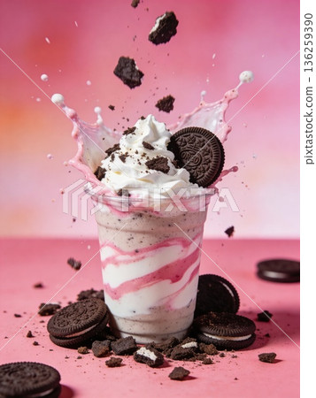 A milkshake with whipped cream and chocolate chips on top 136259390