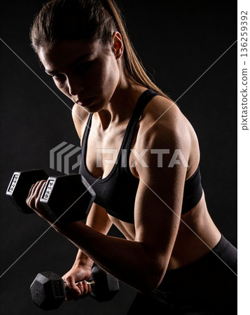A woman is lifting weights in a gym A woman is lifting weights in a gym 136259392