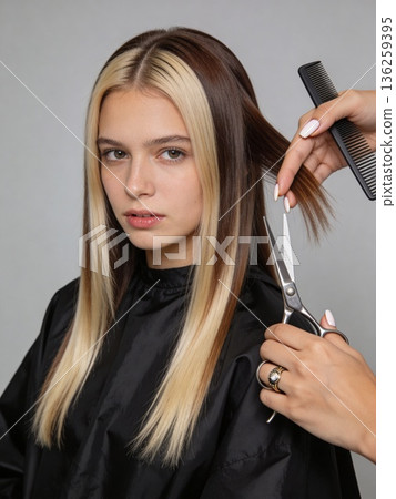 A woman with blonde and brown hair is getting her hair cut by a stylist 136259395