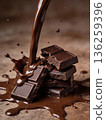 A chocolate bar is dripping chocolate on a table 136259396