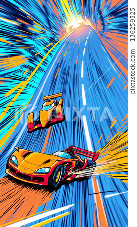 Red cars participate in races. Image of speed on a race track 136259525