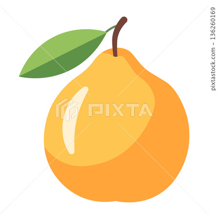 Simple illustration of a ripe yellow pear with a green leaf and stem, on a white background. Simple illustration of a ripe yellow pear with a green leaf and stem, on a white background. 136260169