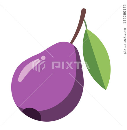Stylized purple plum with a green leaf and stem, isolated on a clean white background. Stylized purple plum with a green leaf and stem, isolated on a clean white background. 136260173