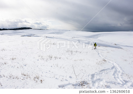 雪鞋徒步旅行的形象 鳥取沙丘的雪景 136260658