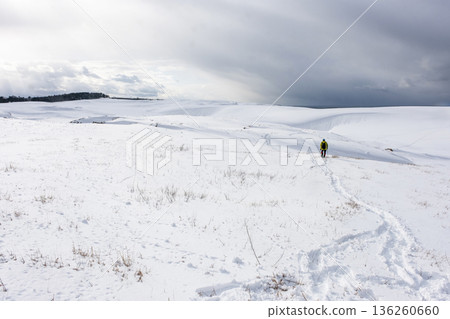 Image of snowshoe trekking Snow scene of Tottori Sand Dunes Image of snowshoe trekking Snow scene of Tottori Sand Dunes 136260660
