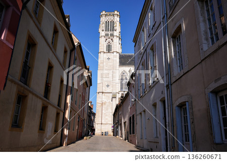 Narrow street with view of cathedral tower Chalon sur Saone 136260671