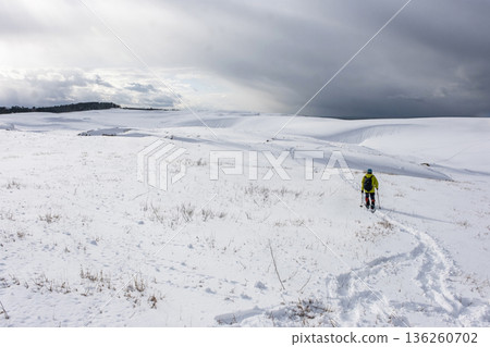 雪鞋徒步旅行的形象 鳥取沙丘的雪景 136260702