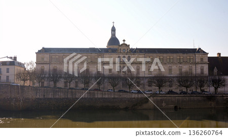 Historic riverside building with dome and reflections Chalon sur Saone 136260764