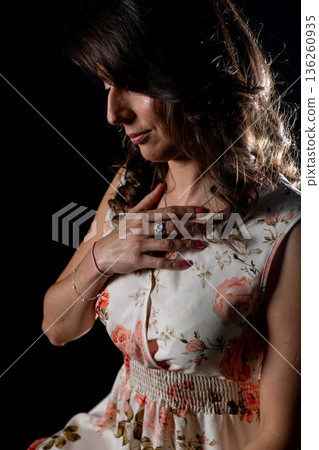 Emotional singer in serene setting, Intimate studio shot reveals deep emotional introspection, Portrait of singer in quiet moment with subtle tears and calm expression Emotional singer in serene setting, Intimate studio shot reveals deep emotional introspection, Portrait of singer in quiet moment with subtle tears and calm expression 136260935