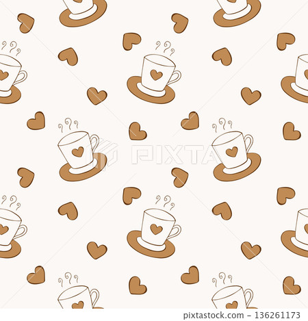 Beige pattern with an outline brown drawing of mugs depicting hot drink, heart on cup, coffee or tea, hot drink. 136261173
