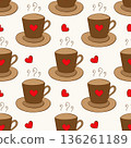 Pattern with brown mugs with hot drink , simple hand drawn doodle on beige background, red hearts shaped, coffee or tea. 136261189