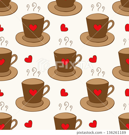 Pattern with brown mugs with hot drink , simple hand drawn doodle on beige background, red hearts shaped, coffee or tea. 136261189