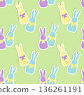 Easter bunnies, bright and cheerful pattern with stickers of bunnies with bows on bright green background. 136261191