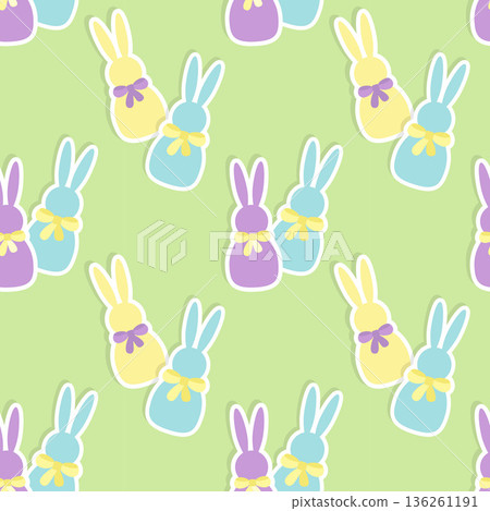 Easter bunnies, bright and cheerful pattern with stickers of bunnies with bows on bright green background. Easter bunnies, bright and cheerful pattern with stickers of bunnies with bows on bright green background. 136261191