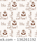 Pattern with Coffee cups and inscription I like coffee hand drawn doodle, simple hand font, lettering, on cream background. 136261192