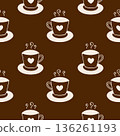 Warm brown pattern with mugs filled with hot drink, simple hand drawn heart on cup, coffee or tea, hot drink symbol. 136261193