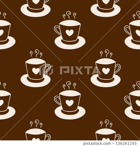 Warm brown pattern with mugs filled with hot drink, simple hand drawn heart on cup, coffee or tea, hot drink symbol. 136261193