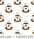 Pattern with mugs with hot drink , simple hand drawn doodle on white background, heart shaped cup, coffee or tea, hot drink symbol. 136261195