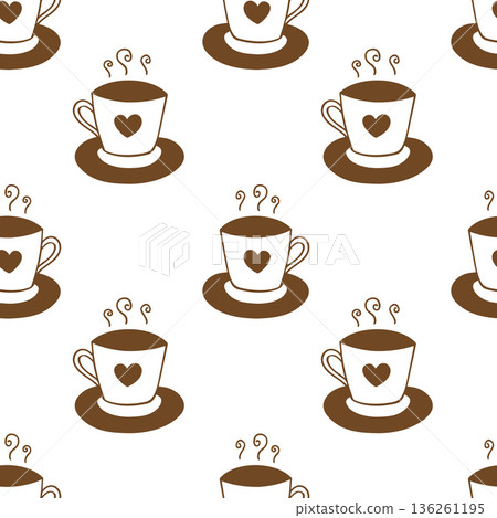 Pattern with mugs with hot drink , simple hand drawn doodle on white background, heart shaped cup, coffee or tea, hot drink symbol. 136261195