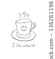 Coffee cup and inscription "I like coffee" hand drawn doodle, simple hand font, lettering, isolated on white background. 136261196