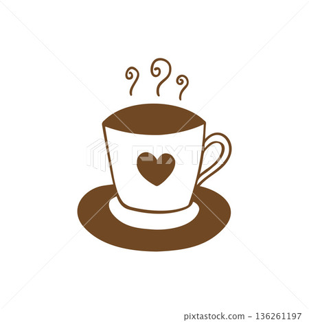 Mug with hot drink, simple hand drawn doodle on white background, heart shaped cup, coffee or tea, logo, icon, hot drink symbol. 136261197