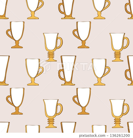 Hand drawn doodle pattern of Latte glasses, cups for latte, mochaccino, rafa or other hot coffee drinks with milk or cream 136261200