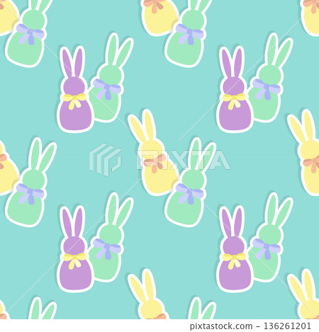 Easter bunnies, bright and cheerful pattern with stickers of bunnies with bows on bright blue background. 136261201