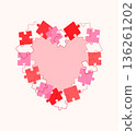 Heart shaped frame made of red puzzle pieces. Poster for congratulating someone on Valentines Day, birthday, or declaration of love and passion.  136261202