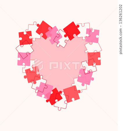 Heart shaped frame made of red puzzle pieces. Poster for congratulating someone on Valentines Day, birthday, or declaration of love and passion.  136261202