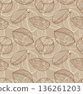 Brown pattern with hand-drawn walnuts, hazelnuts, pistachios, and almonds. Outline graphics. Packaging, wallpaper, wrapper, background. 136261203