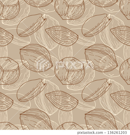 Brown pattern with hand-drawn walnuts, hazelnuts, pistachios, and almonds. Outline graphics. Packaging, wallpaper, wrapper, background. 136261203