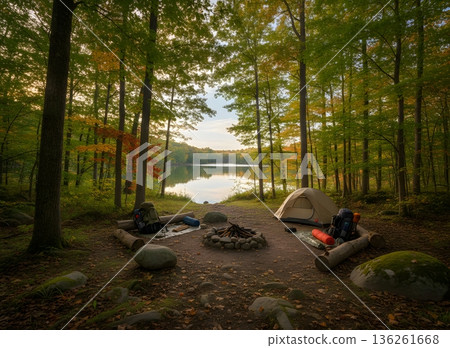 秋季湖邊露營場景 136261668