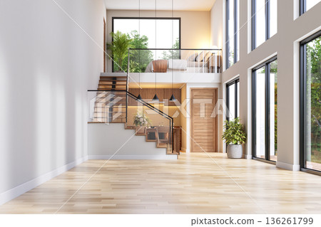 Modern empty living room in a bright two-level home with a mezzanine bedroom and kitchen 3d render 136261799