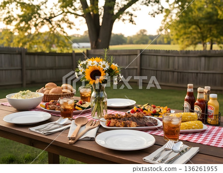 戶外燒烤晚餐，鮮花點綴。 136261955