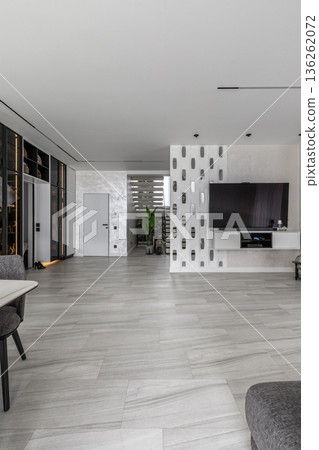 Modern Open Plan Living Room with TV Zone and Hallway 136262072