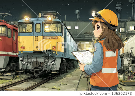 Female railway staff inspecting a freight yard at night | Illustration of a freight train and logistics site 136262178