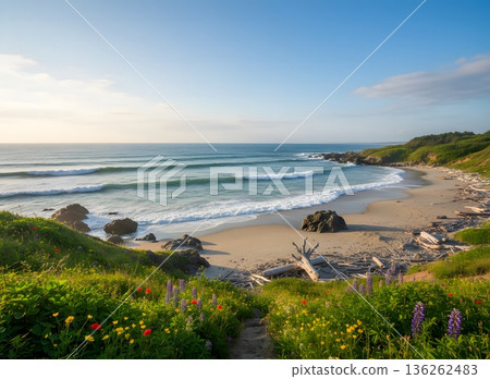美麗的海濱風光和五彩繽紛的花朵 136262483