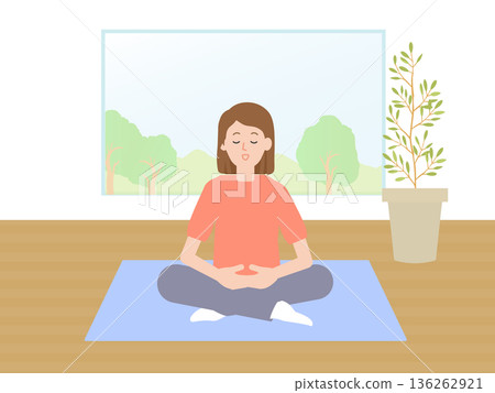 一位女士在客廳裡做瑜珈的插圖 一位女士在客廳裡做瑜珈的插圖 136262921