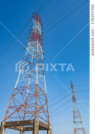 Power line tower standing on the right bank of the Yodo River, Takatsuki City, Osaka Prefecture Power line tower standing on the right bank of the Yodo River, Takatsuki City, Osaka Prefecture 136263166